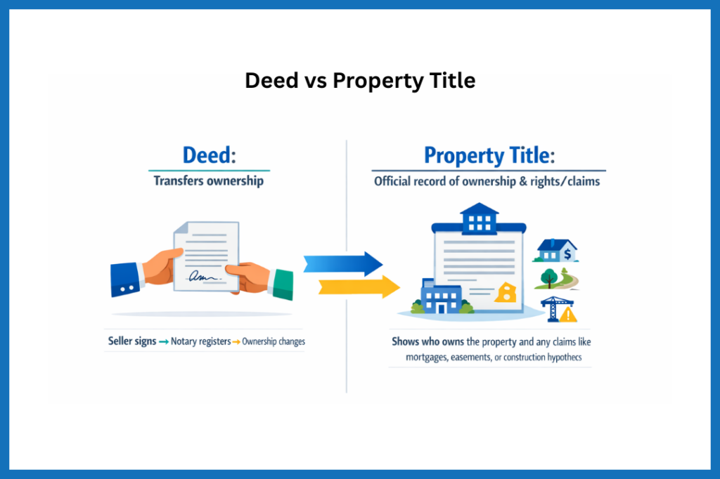 Deed vs Property Title infographic showing Quebec real estate ownership transfer