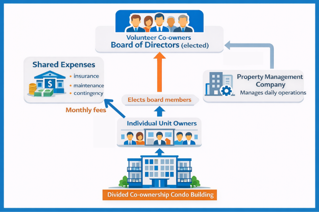 Flowchart illustrating a divided co-ownership condo in Quebec: individual unit owners pay monthly fees into shared expenses, elect a volunteer board of directors, and the board appoints a property management company. The condo building is shown at the bottom, with arrows indicating the relationships and responsibilities.