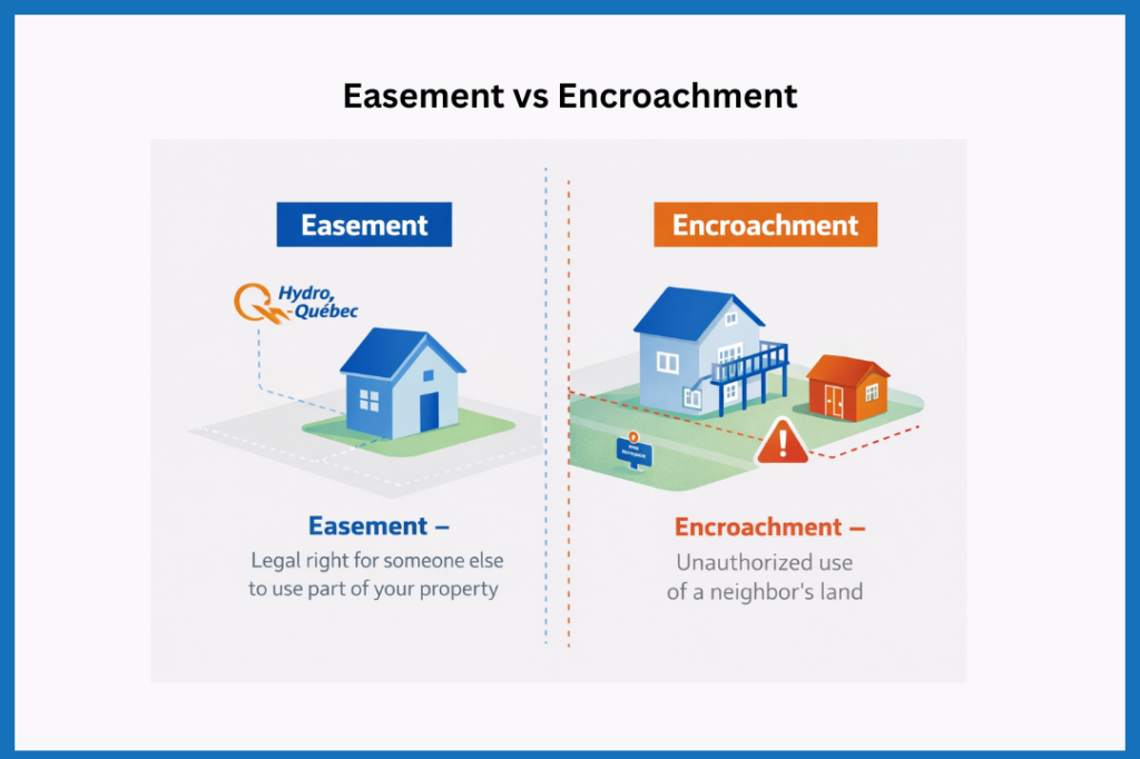 Infographic showing a Quebec property with a legal utility easement on one side and a neighboring property encroaching with a balcony and shed, illustrating the difference between easements and encroachments.