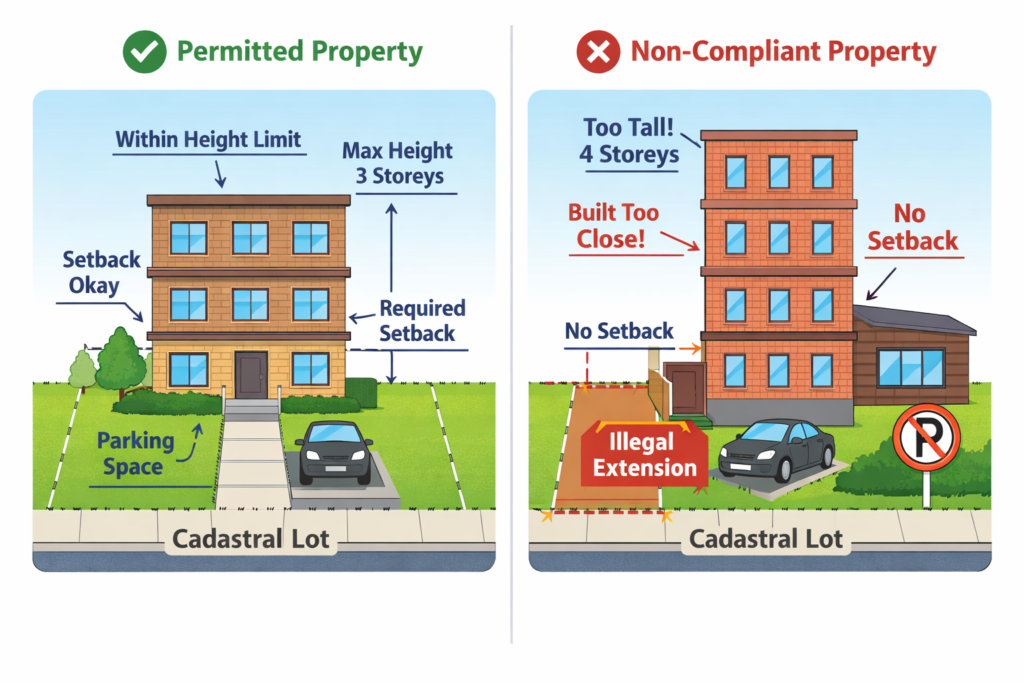 Example of a building that complies with zoning laws, municipal bylaws and permit requirements vs one that is non-compliant.