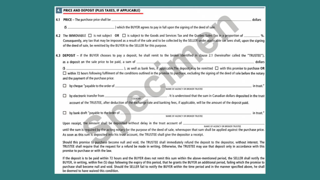 Part 4: Price and deposit (plus taxes if applicable)