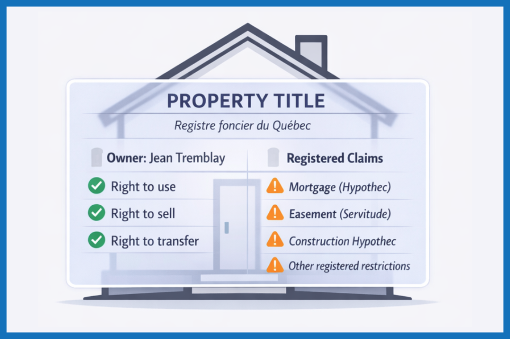 Property title X-ray illustration showing ownership rights and registered claims including mortgage, easement, and construction hypothec in Quebec