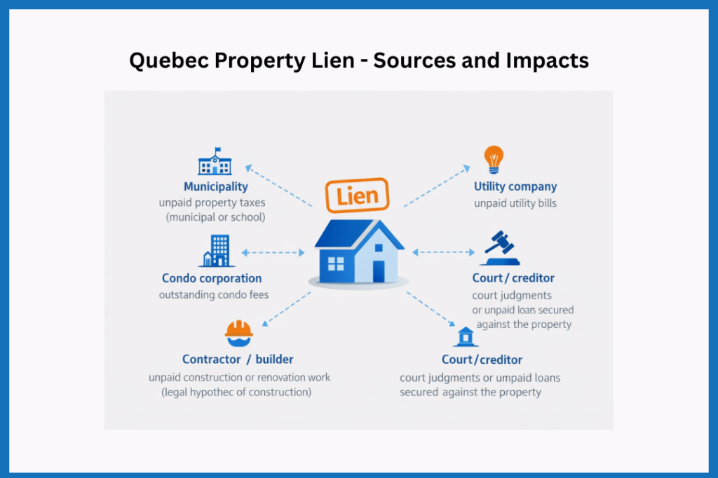 Quebec property lien infographic showing house encumbered by unpaid taxes, condo fees, construction work, utility bills, or court judgments.