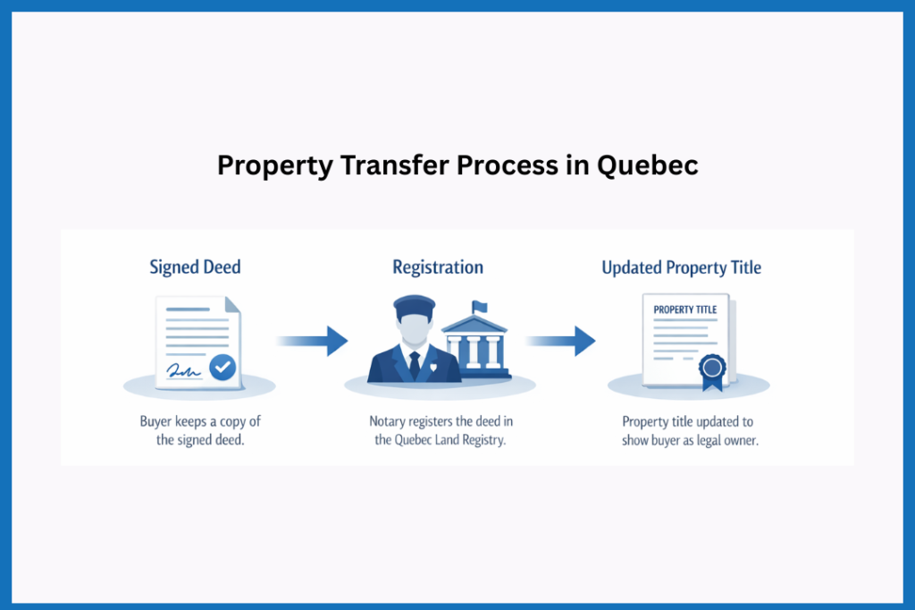 Flowchart showing the Quebec property transfer process: Signed deed, notary registration in the Quebec Land Registry, and updated property title showing the buyer as legal owner.