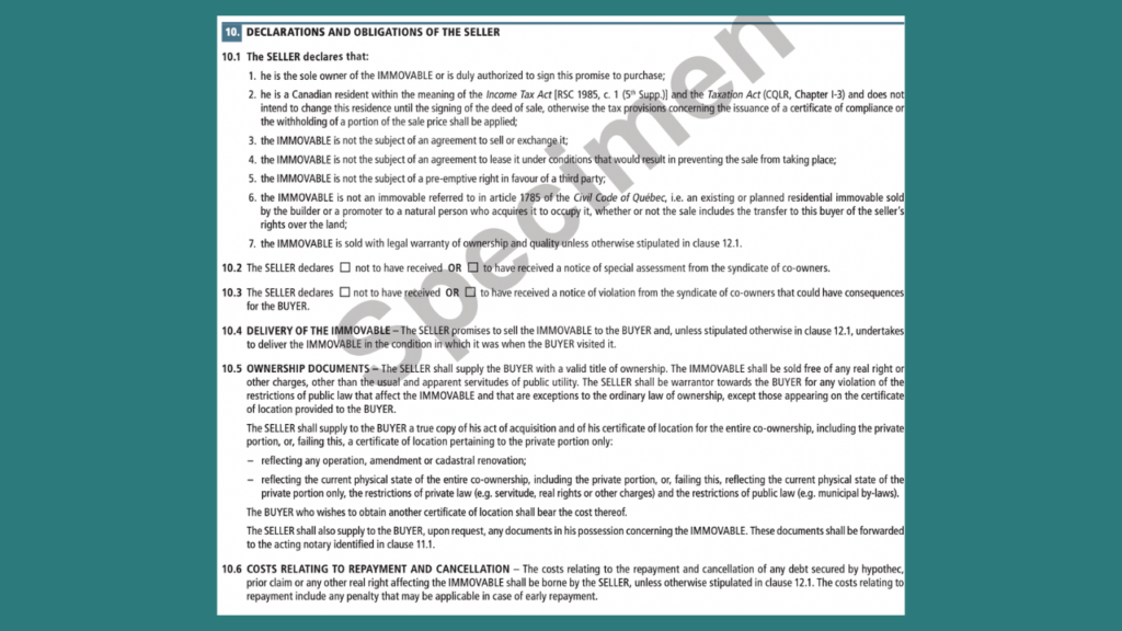 Section 10: Declaration and obligations of the seller