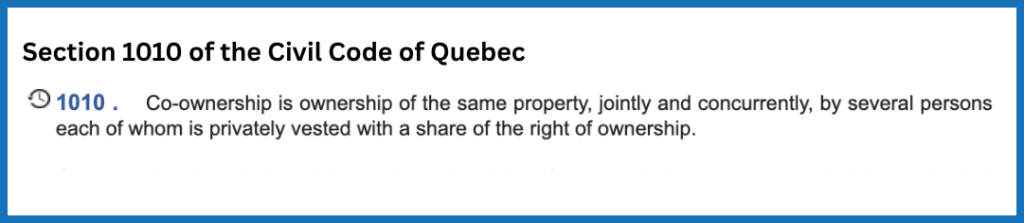 Image of Article 1010 of the Civil Code of Quebec on Co-Ownerships