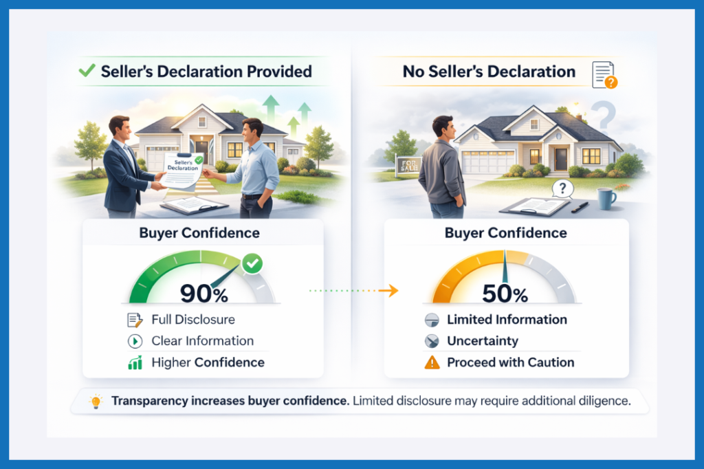 Split-screen infographic comparing seller’s declaration provided vs no seller’s declaration in Quebec real estate, showing higher buyer confidence at 90% with disclosure and 50% without disclosure.
