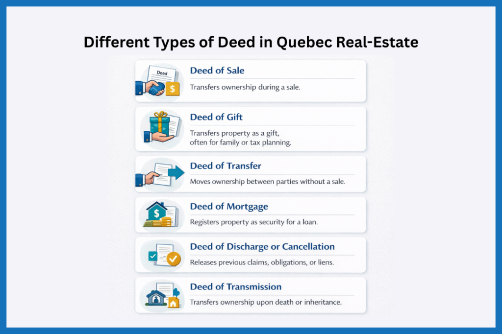 Infographic of seven types of Quebec real estate deeds, including Deed of Sale, Gift, Transfer, Mortgage, Discharge, Transmission, and Servitude, with icons and short descriptions.