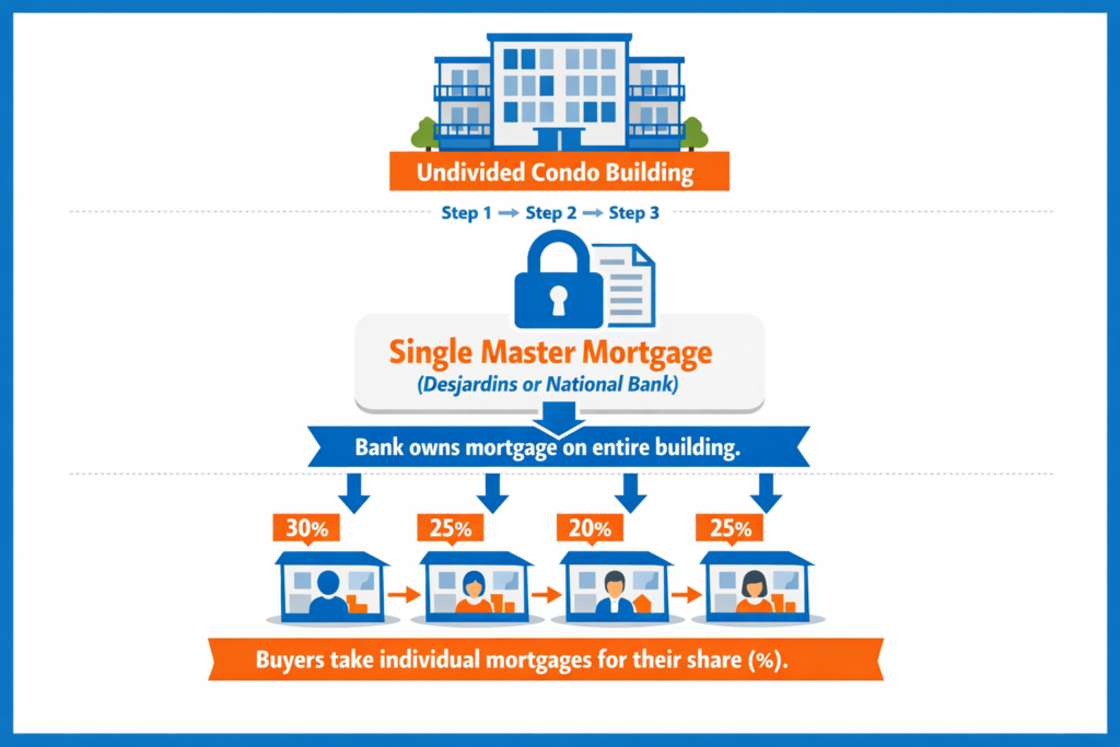 Infographic explaining undivided condo mortgages in Quebec: a building with a single master mortgage held by Desjardins or National Bank, with arrows showing individual buyers taking mortgages for their percentage share of the property.