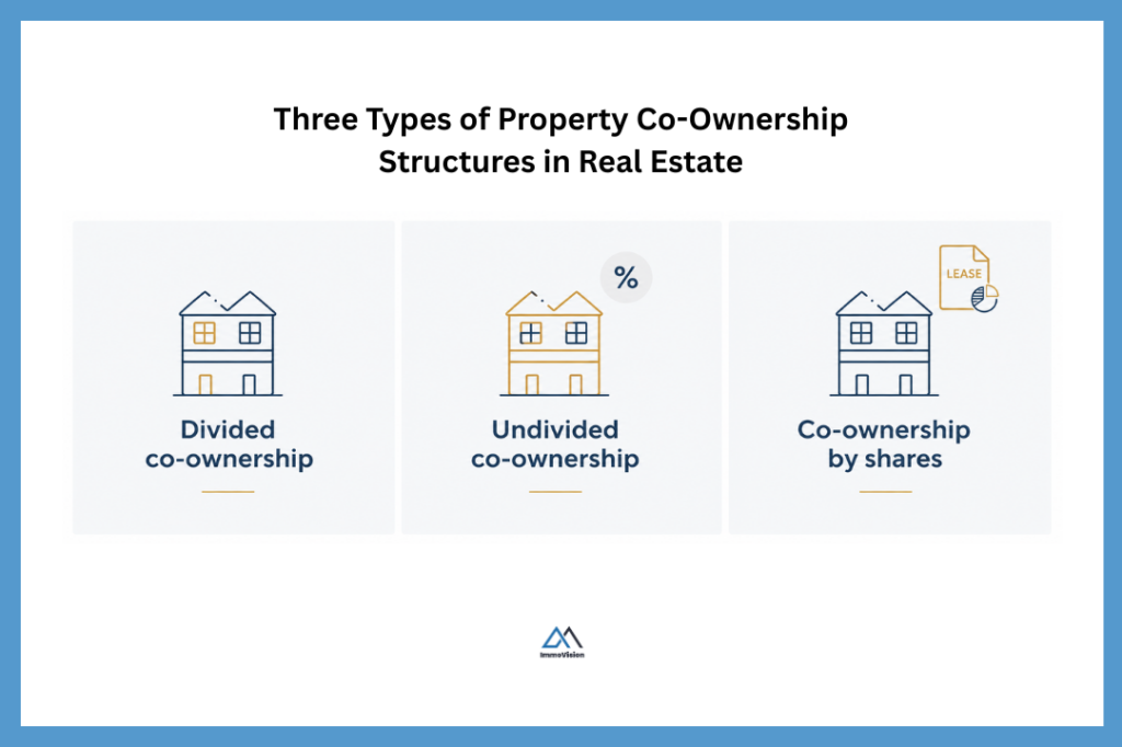 Visual guide comparing divided, undivided, and share-based property ownership.