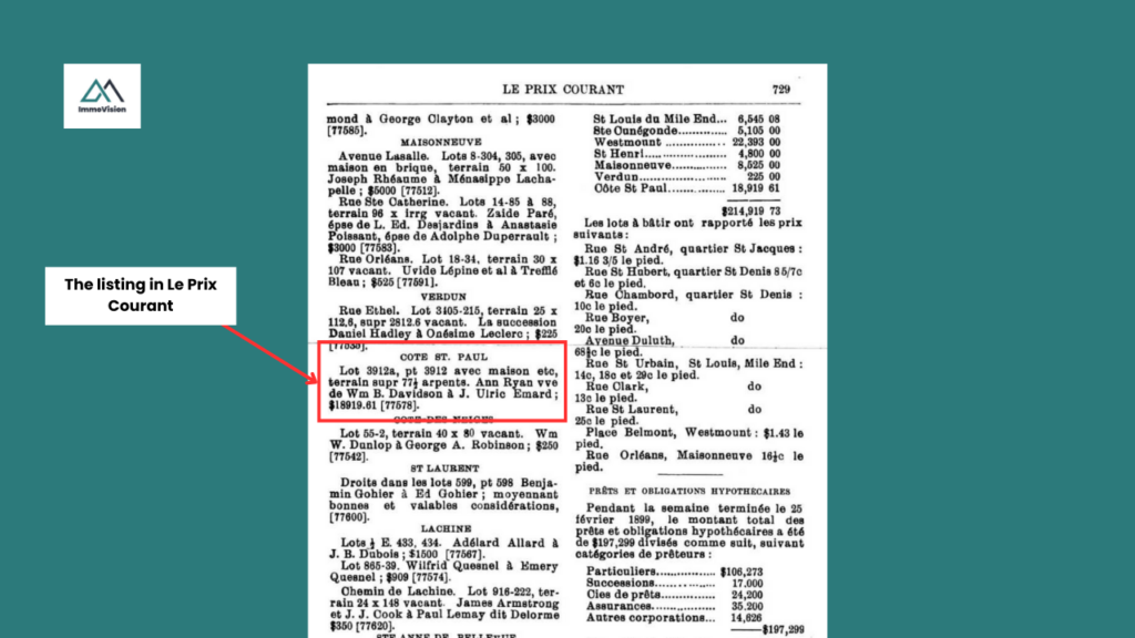 Ann Ryan, widow of William B. Davidson, and Joseph-Ulric Émard. Émard reportedly purchased a 77.5-acre parcel of land in Côte-Saint-Paul from the Davidson family for $18,919.61.
