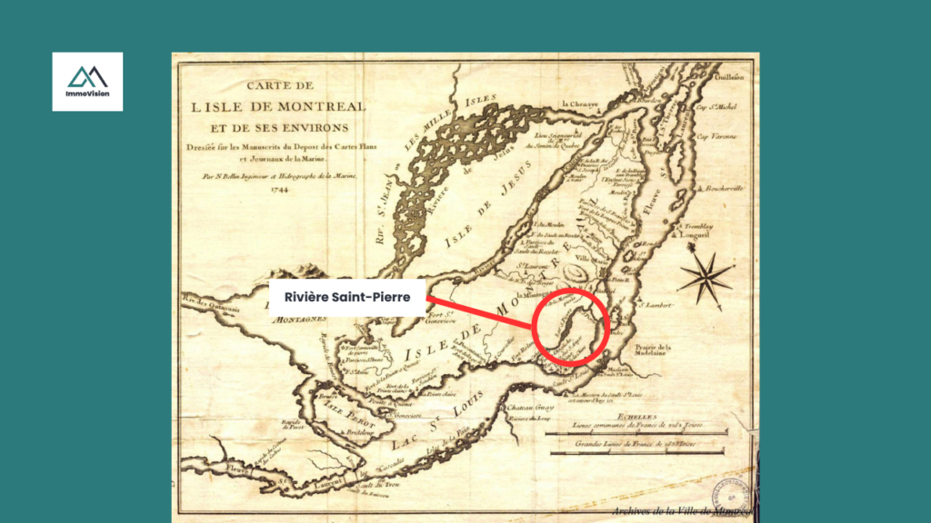 An early map of Montreal showing the Rivière Saint-Pierre, running through where Saint-Henri is today.