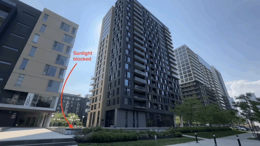 Sunlight blocked by high-rise condo in Griffintown.