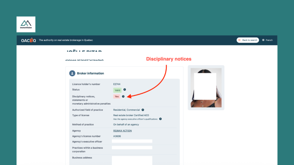 Example of Broker Profile with disciplinary notices on the OACIQ Website.
