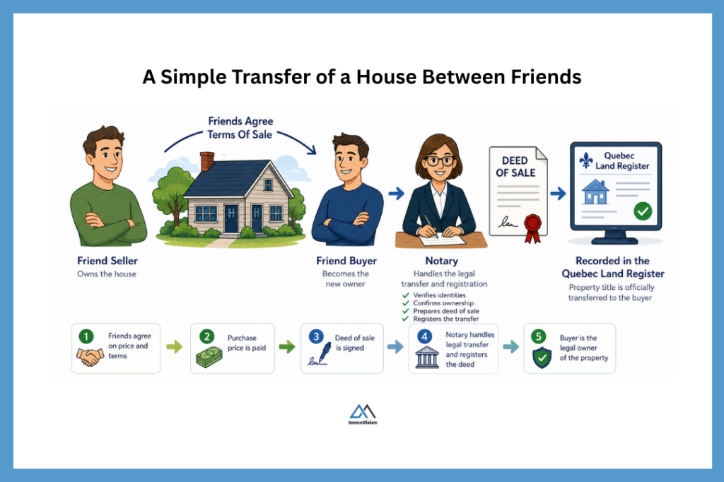 Infographic showing how a house ownership transfer between friends is completed through a Quebec notary and registered in the Quebec Land Register.