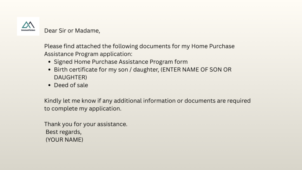 Email example for the home purchase assistance program.