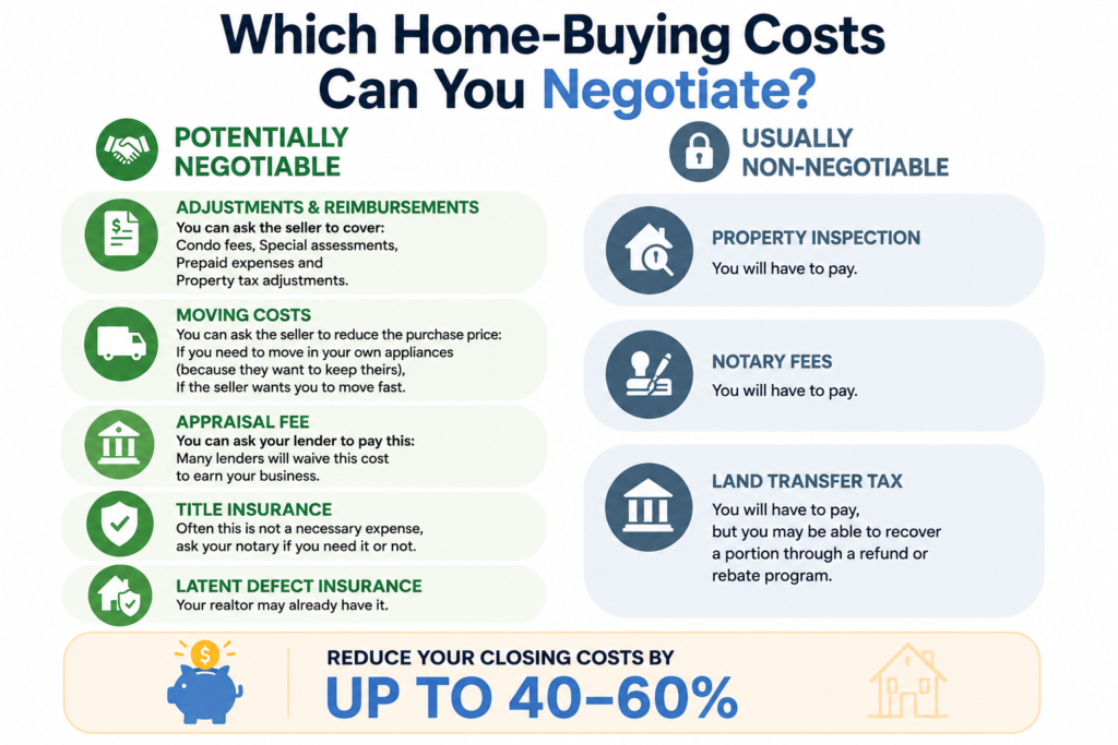 Infographic showing which Quebec closing costs are negotiable, including appraisal fees, moving costs, title insurance and adjustments, versus non-negotiable costs such as property inspections, notary fees and land transfer tax.