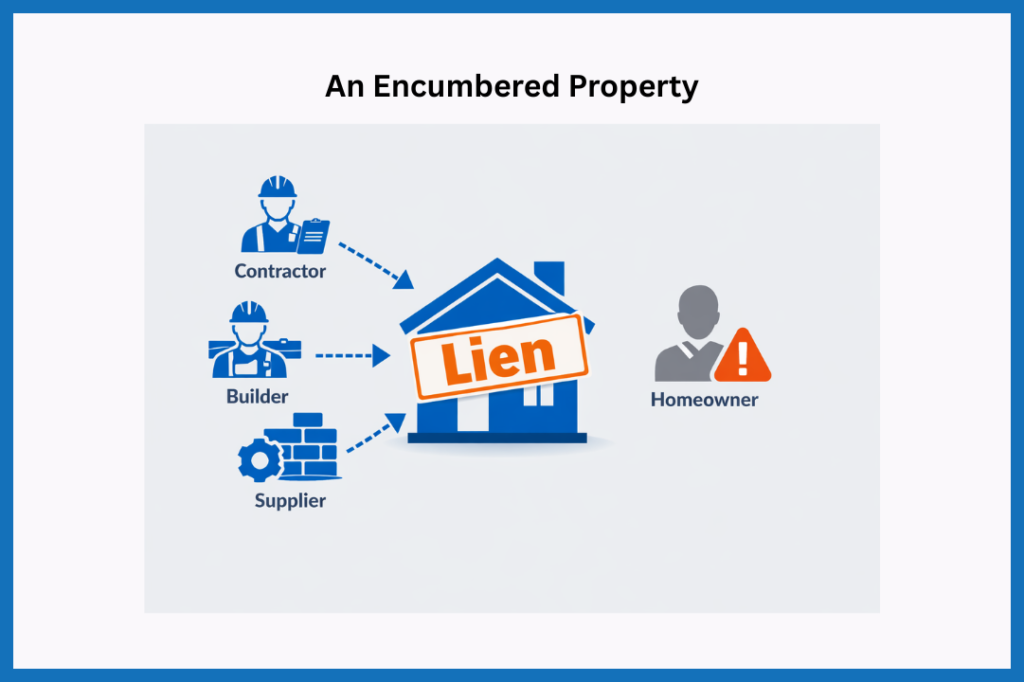 Infographic showing a house encumbered by a construction hypothec, with dashed arrows from a contractor, builder, and supplier, and a homeowner icon indicating responsibility for payment.