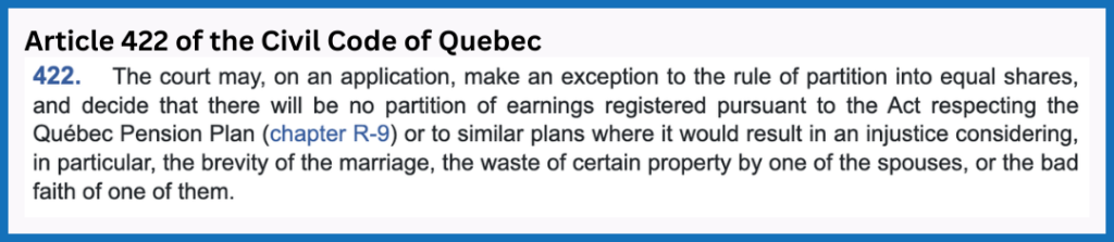 Image of Article 422 of the Civil Code of Quebec - Unequal partition of family patrimony.