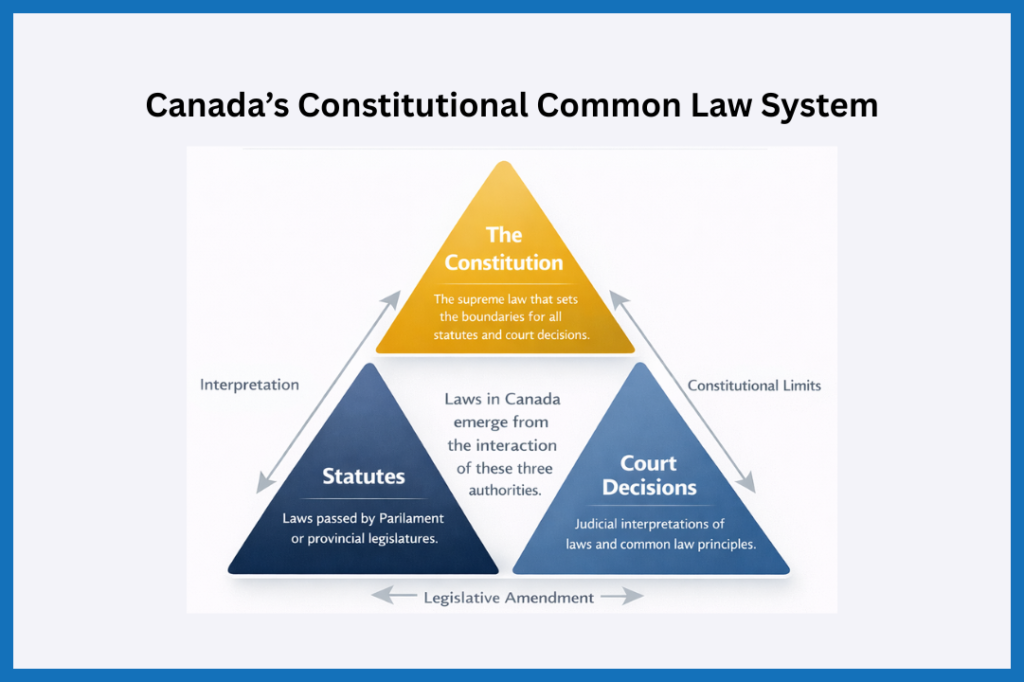 Infographic showing Canada’s constitutional common law system as a triangle, with the Constitution at the top in gold, Statutes in dark blue at the bottom left, and Court Decisions in light blue at the bottom right, including arrows showing their interactions.