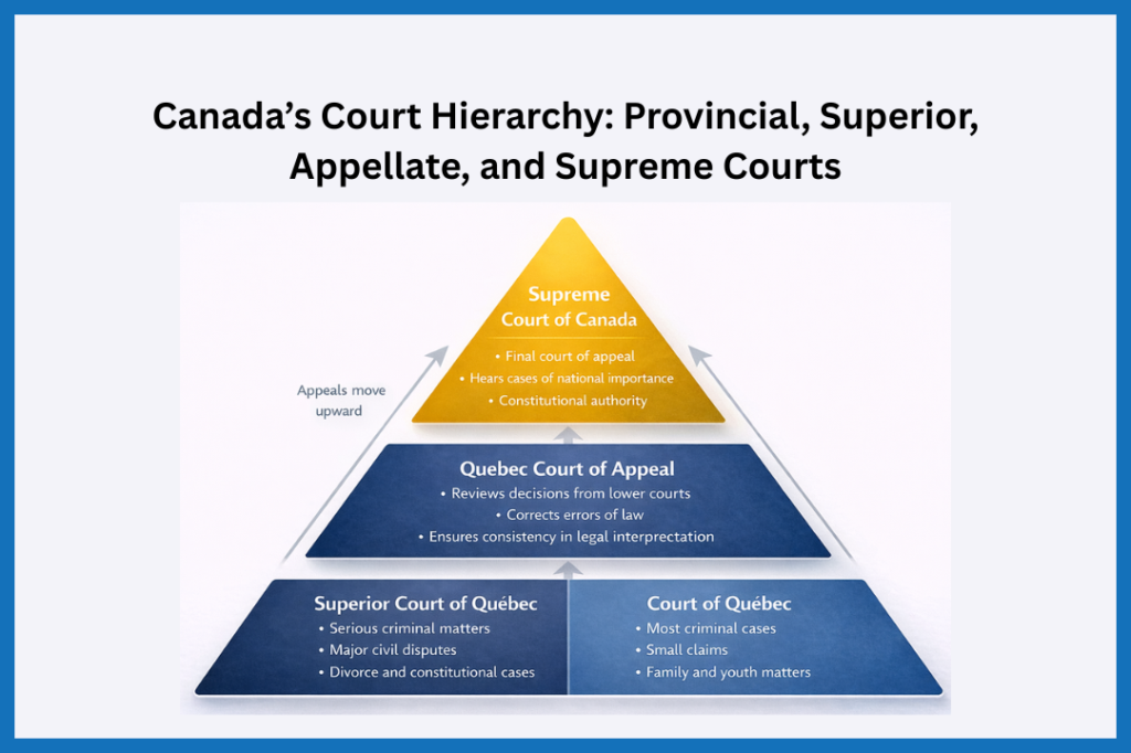 Diagram showing the hierarchy of Canadian courts: Provincial Courts at the bottom, Superior Courts above them, Court of Appeal above that, and the Supreme Court of Canada at the top.