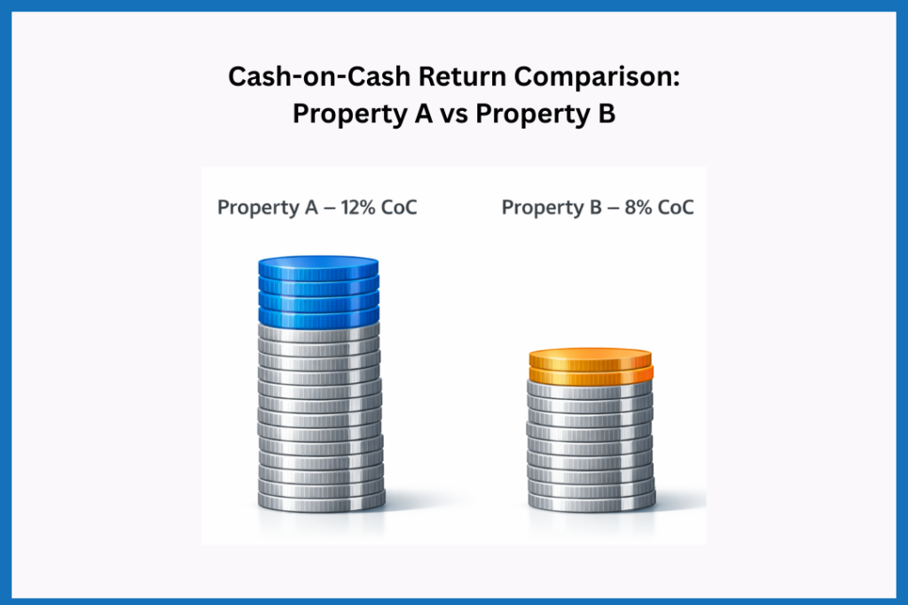 Infographic comparing cash-on-cash returns for two rental properties: Property A returns 12% and Property B returns 8%, illustrated with stacks of coins highlighting the difference.