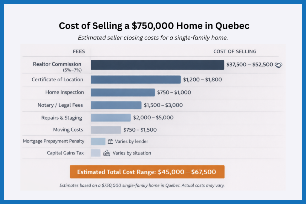 Cost of selling a $750,000 home in Quebec infographic showing seller closing costs, realtor commission, legal fees, inspection costs, and total estimated cost range with horizontal bar chart.