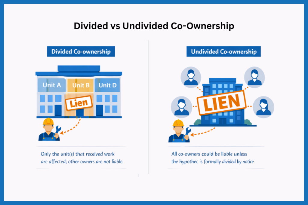 Infographic comparing divided and undivided co-ownership, showing how a legal construction hypothec affects individual units versus all owners in a shared property.
