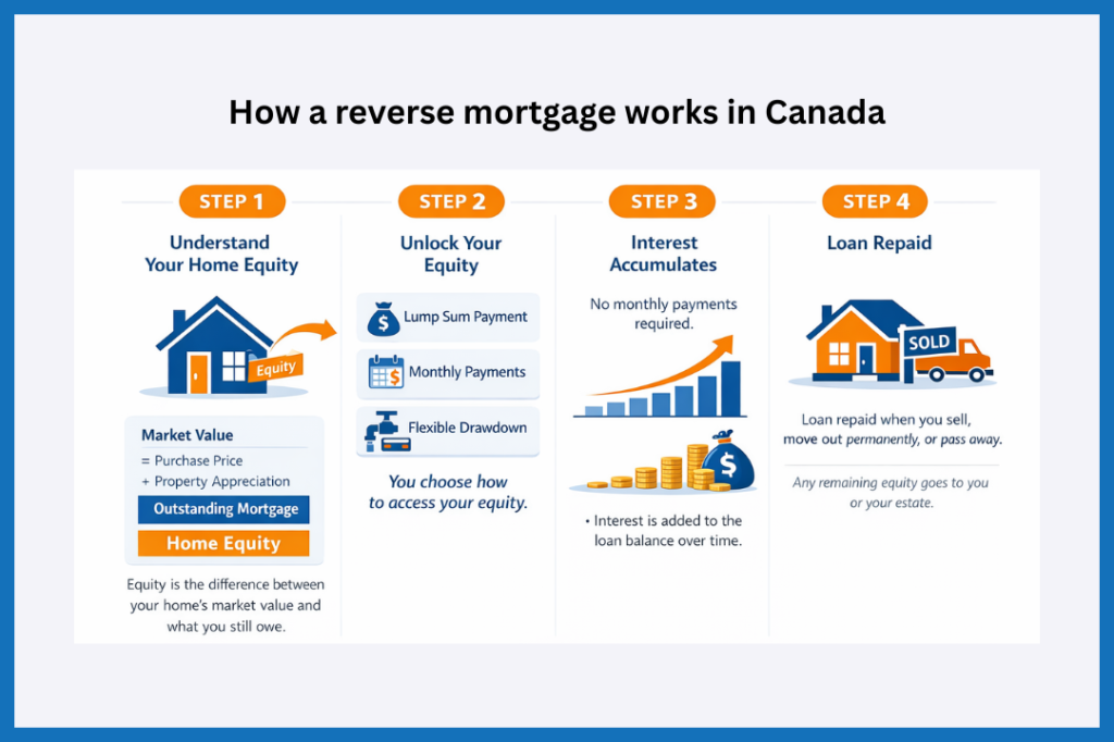 Infographic showing how a reverse mortgage works in Canada, including home equity calculation, payout options, interest accumulation, and loan repayment.