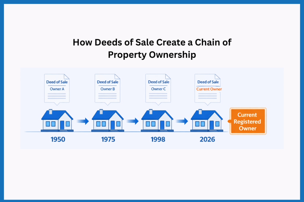 Timeline showing how property ownership in Quebec transfers over time through registered deeds of sale, from past owners to the current registered owner.