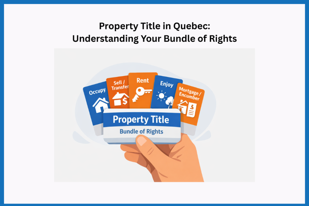 Infographic showing a hand holding a bundle of cards representing legal rights like occupy, sell, rent, and enjoy, illustrating that holding all these rights equals property ownership in Quebec.