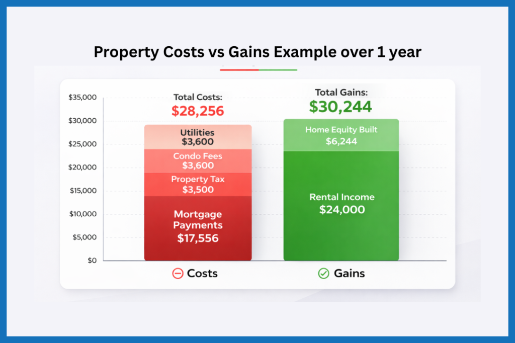 Year 1 property costs vs gains bar chart with mortgage, taxes, condo fees, utilities, rental income, and equity
