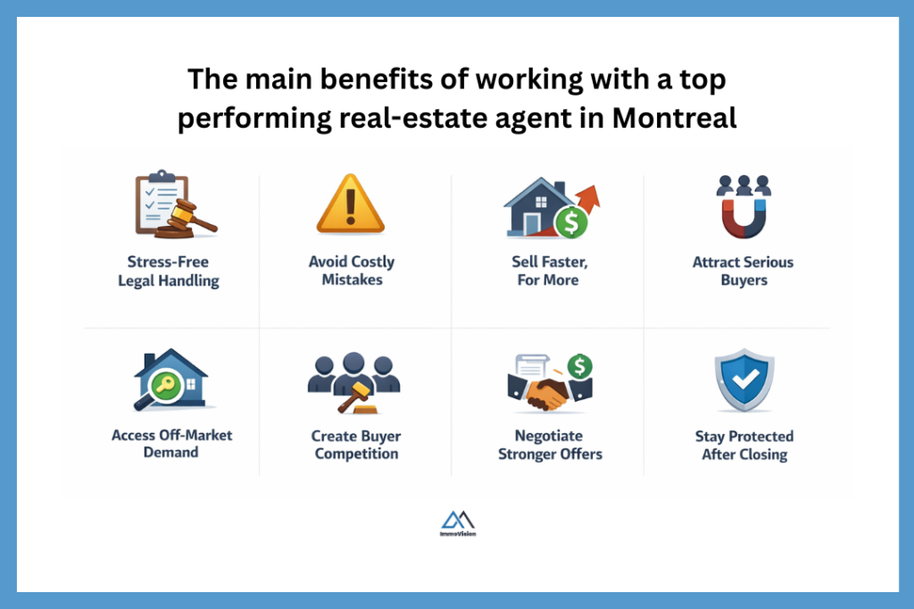 Graphic showing the main benefits of working with a top performing real-estate agent in Montreal