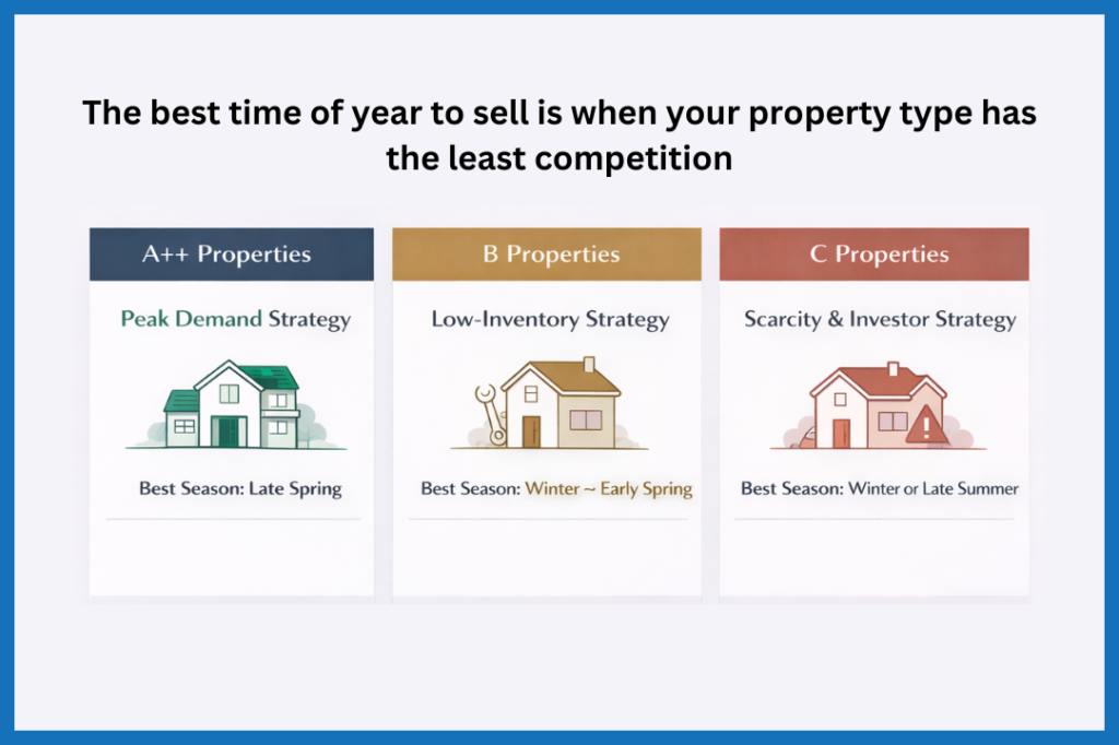 A card showing the different types of property: A++, B and C properties.