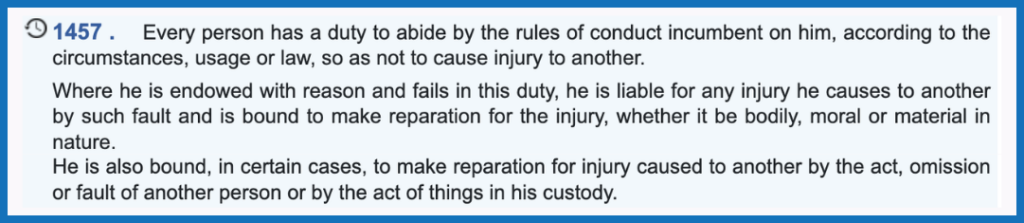 A screenshot of article 1457 of the Civil Code of Quebec.
