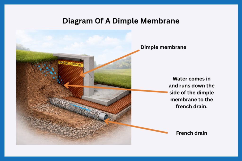 A diagram of a dimple membrane wrapped around the foundation of a home.