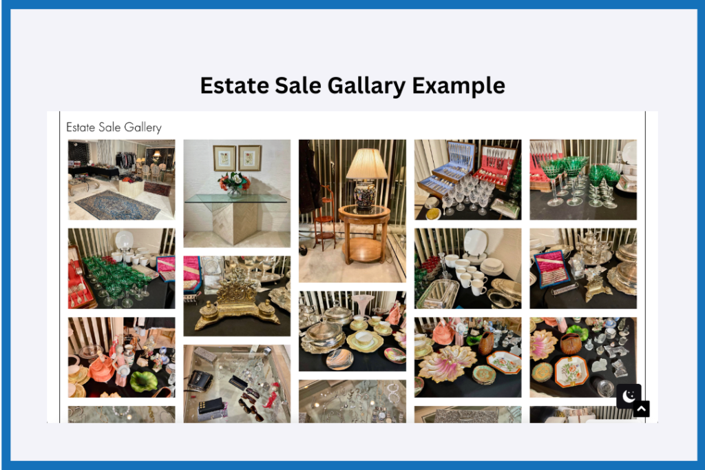 A screenshot showing an example of an online estate sale gallery from Montreal estate sale company Ronda Bly.