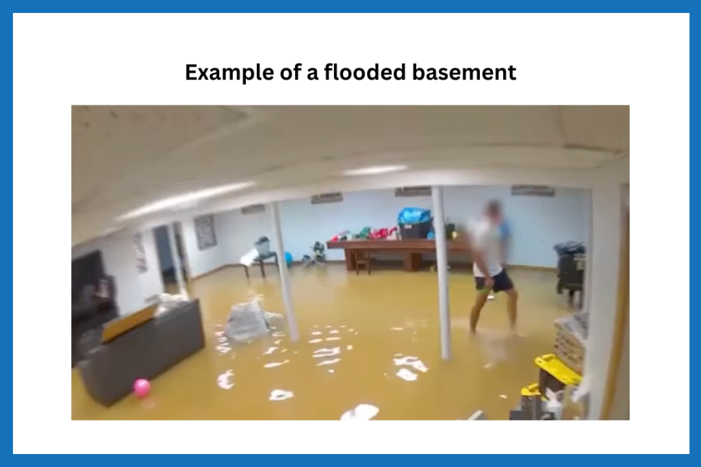 Image of a flooded basement where the sump pump failed.