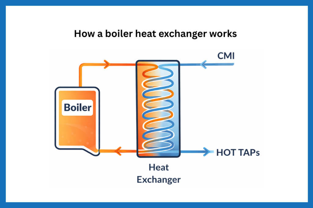 Diagram of how a boiler's heat exchanger works.