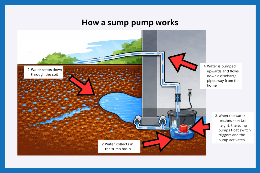 A diagram showing how a sump pump works.