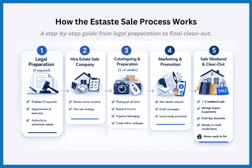 An infographic showing how the estate sale process works from legal preparation to final clear out.