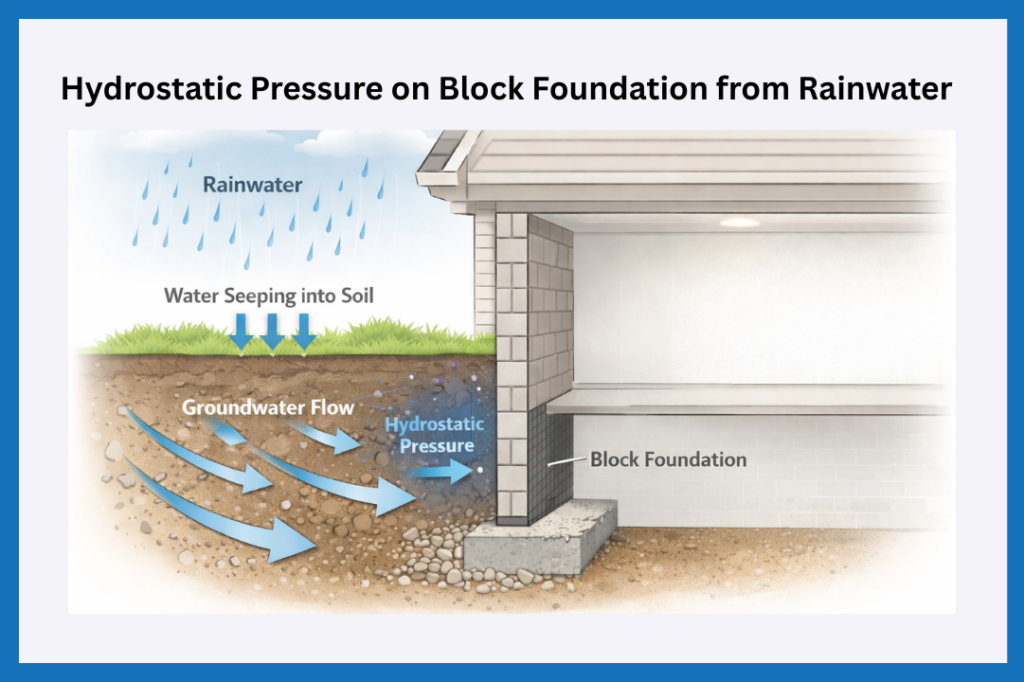 Rainwater soaking into soil around a block foundation, creating hydrostatic pressure that can cause basement leaks and foundation damage