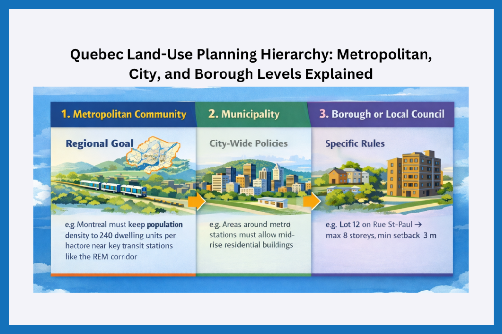 Horizontal infographic illustrating Quebec's land-use planning hierarchy: Metropolitan Community sets regional goals, Municipality creates city-wide policies, and Borough or Local Council applies specific zoning rules with examples.