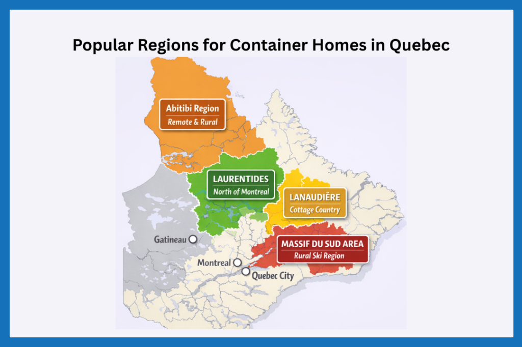 Image of a map showing the popular regions for container houses in Quebec