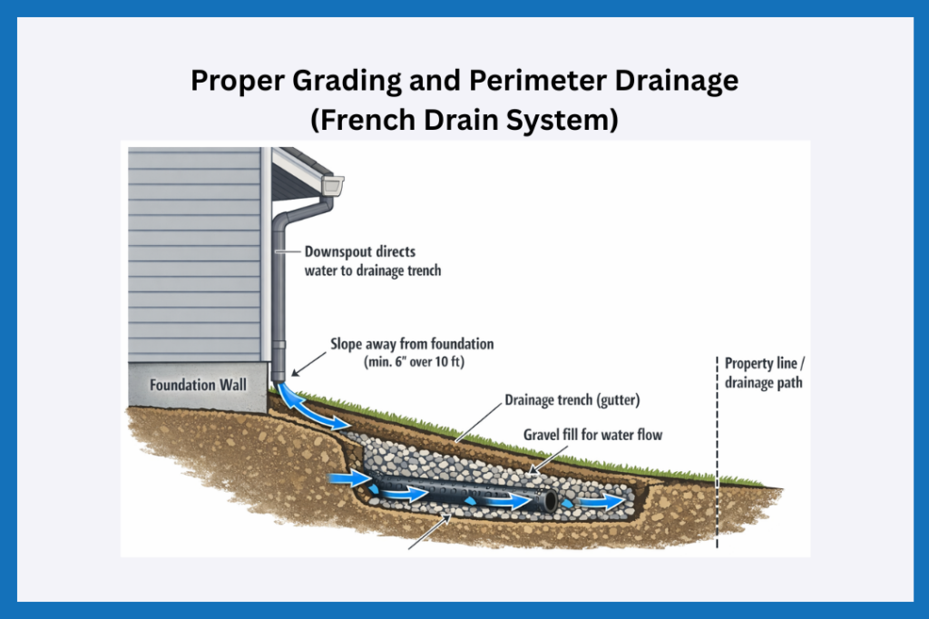 A diagram showing Proper Grading and Perimeter Drainage  - French Drain System