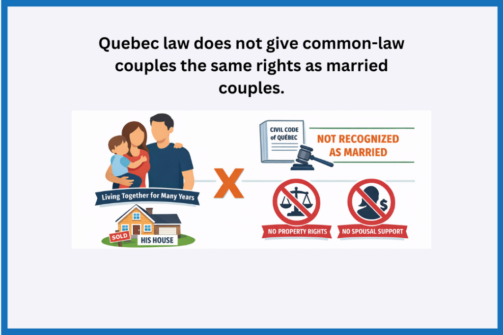 Infographic showing that Common law couples are not recognized as married by the civil code of Quebec.