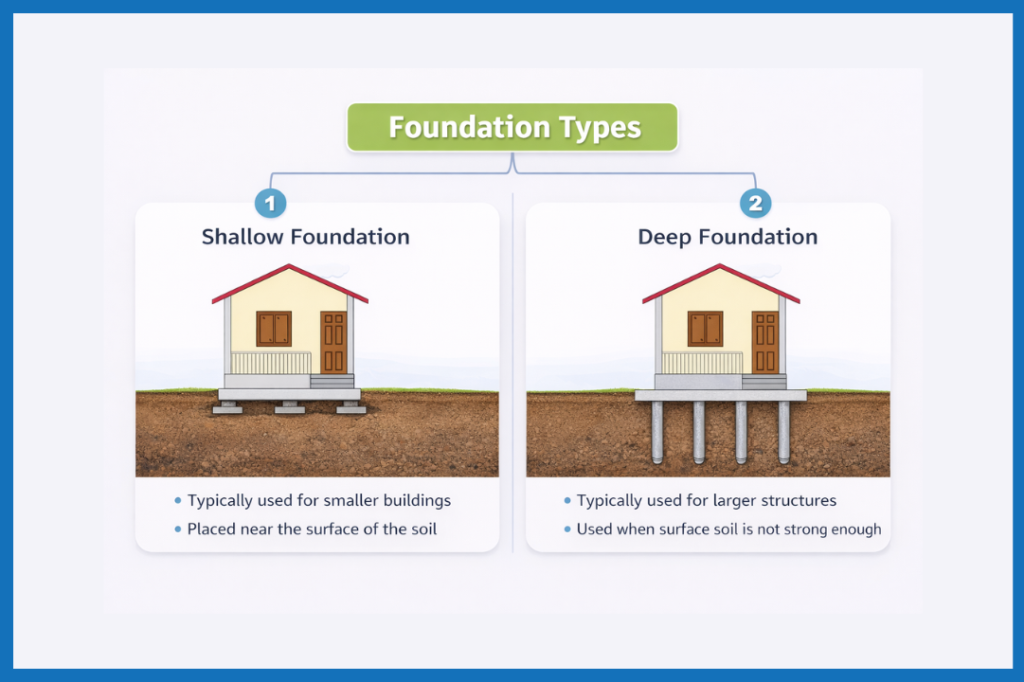 Side-by-side comparison of shallow and deep foundation types showing a house supported by surface footings versus deep piles extending into the soil.