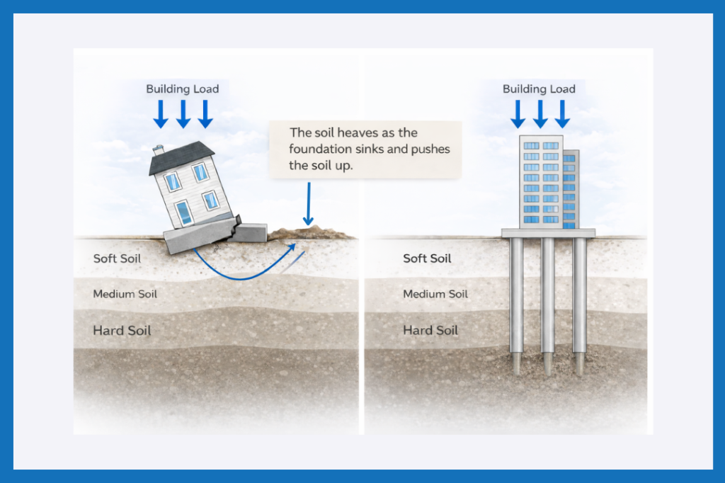 Diagram showing building load on soft soil causing foundation settlement and soil heave compared with a building supported by deep pile foundations reaching hard soil.
