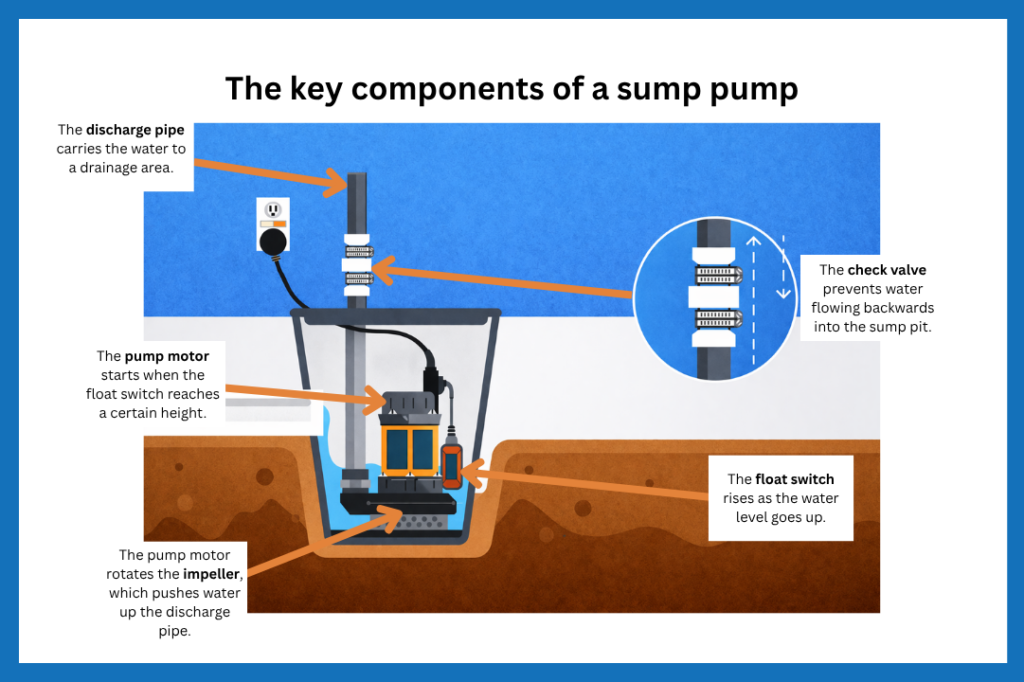 A diagram showing the key components of a sump pump.