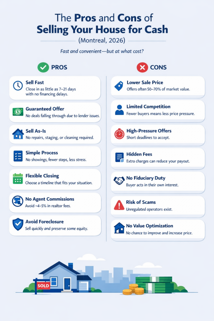 Graphic showing a quick table of the pros and cons of selling your house for cash.